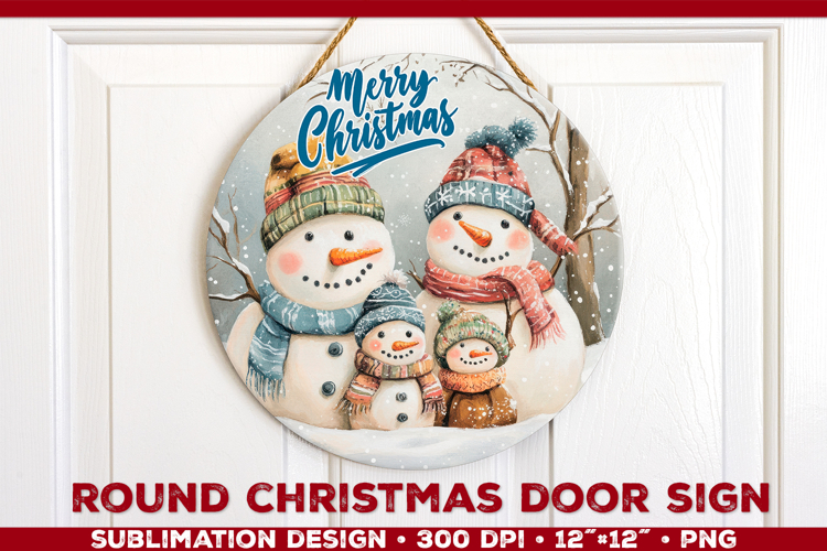 Round Christmas Door Sign Sublimation Design with Snowmans