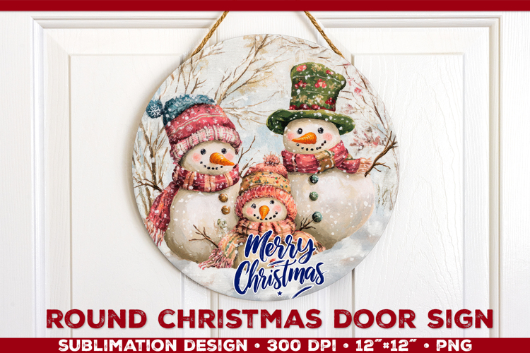 Round Christmas Door Sign Sublimation Design with Snowmans