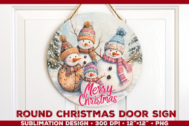 Round Christmas Door Sign Sublimation Design with Snowmans