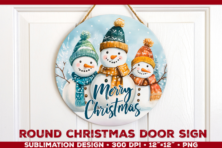 Round Christmas Door Sign Sublimation Design with Snowmans