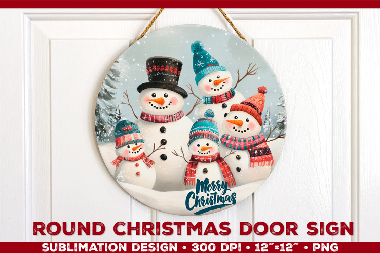 Round Christmas Door Sign Sublimation Design with Snowmans