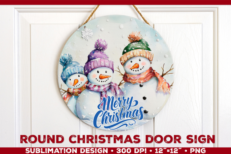Round Christmas Door Sign Sublimation Design with Snowmans