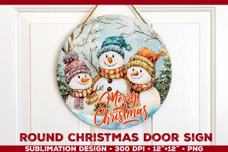 Round Christmas Door Sign Sublimation Design with Snowmans