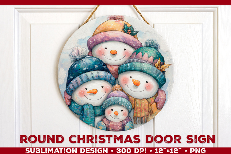 Round Christmas Door Sign Sublimation Design with Snowmans