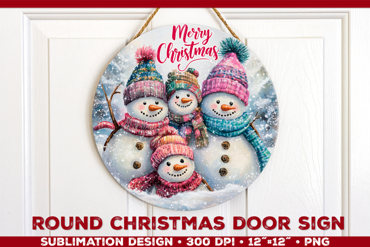 Round Christmas Door Sign Sublimation Design with Snowmans