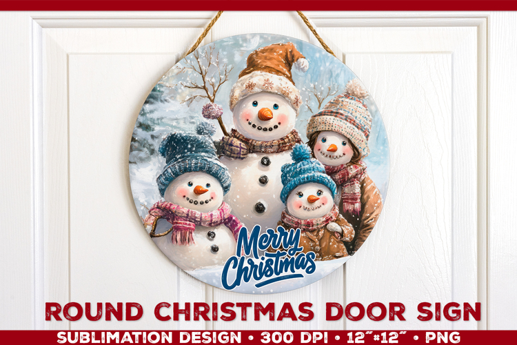 Round Christmas Door Sign Sublimation Design with Snowmans