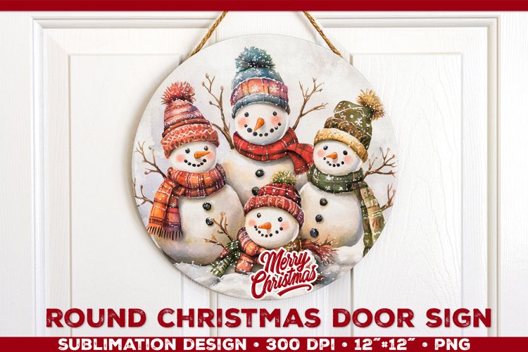 Round Christmas Door Sign Sublimation Design with Snowmans