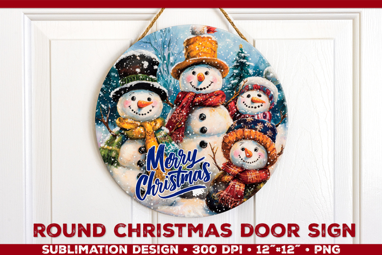 Round Christmas Door Sign Sublimation Design with Snowmans