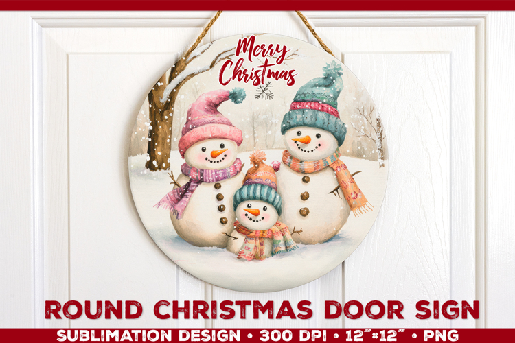 Round Christmas Door Sign Sublimation Design with Snowmans