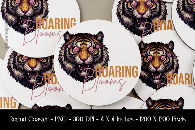 Roaring Blooms Tiger Round Coaster Sublimation Design