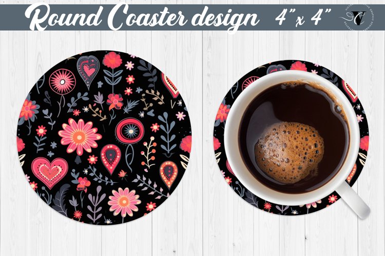 Round Coaster | Hearts and flowers | Folk art example image 1