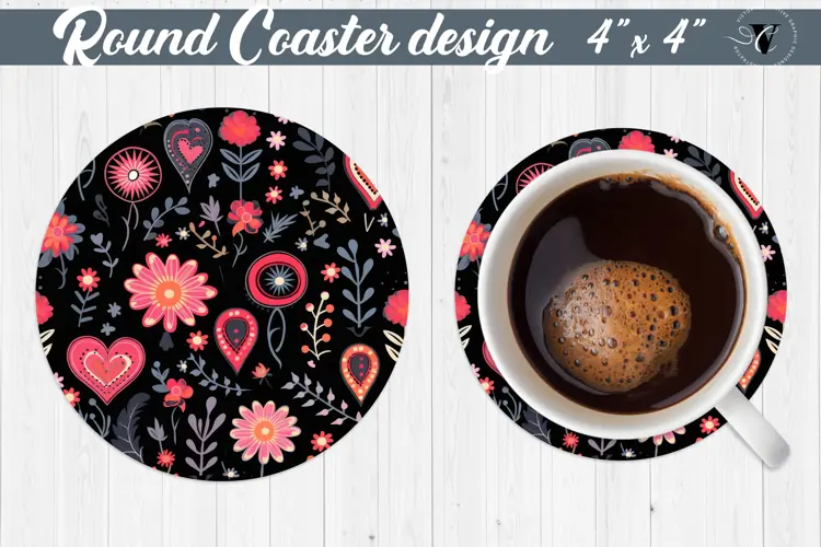 Round Coaster | Hearts and flowers | Folk art