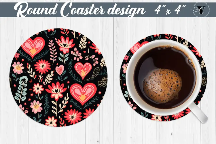 Round Coaster | Hearts and flowers | Folk art