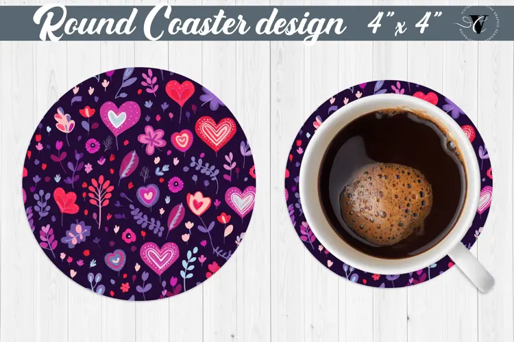 Round Coaster | Hearts and flowers | Folk art