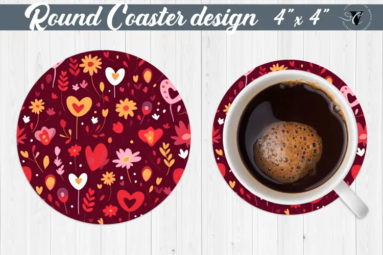 Round Coaster | Hearts and flowers | Folk art