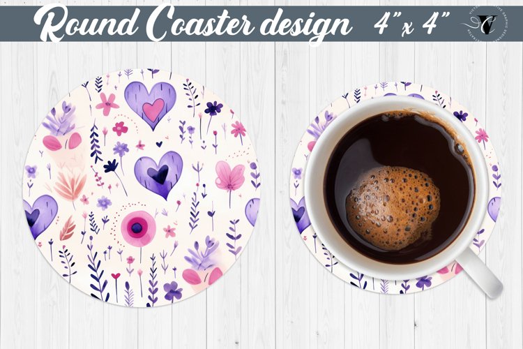 Spring Round Coaster | Watercolor flowers, hearts pattern