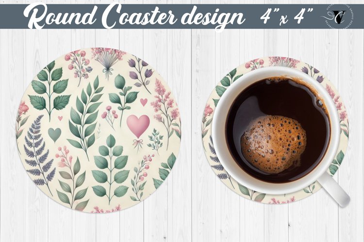 Round Coaster | Plant foliage and hearts | Vintage example image 1