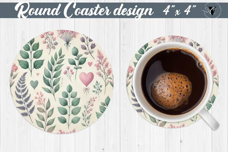 Round Coaster | Plant foliage and hearts | Vintage
