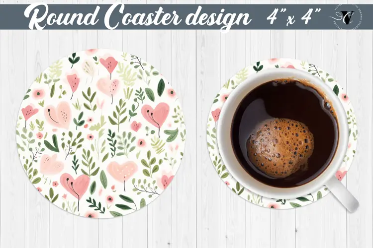 Round Coaster | Plant foliage and hearts | Vintage