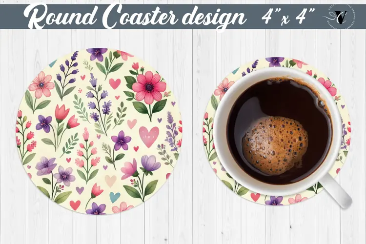 Round Coaster | Plant foliage and hearts | Vintage