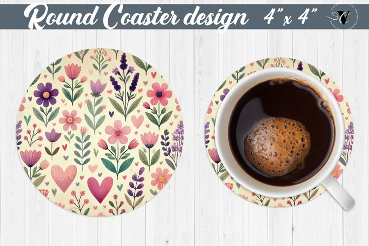 Round Coaster | Plant foliage and hearts | Vintage