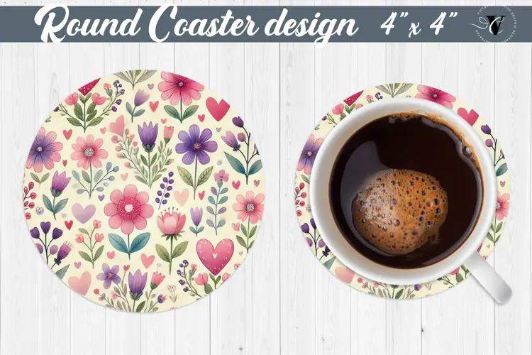 Round Coaster | Plant foliage and hearts | Vintage