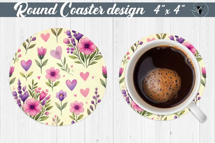 Round Coaster | Plant foliage and hearts | Vintage