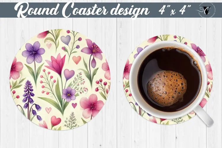 Round Coaster | Plant foliage and hearts | Vintage
