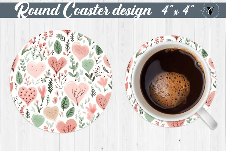 Round Coaster | Plant foliage and hearts | Vintage
