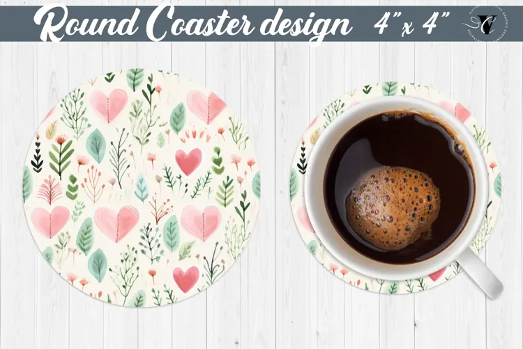 Round Coaster | Plant foliage and hearts | Vintage