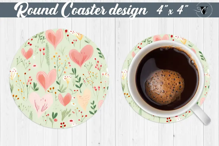 Round Coaster | Plant foliage and hearts | Vintage