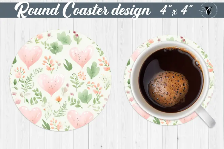 Round Coaster | Plant foliage and hearts | Vintage