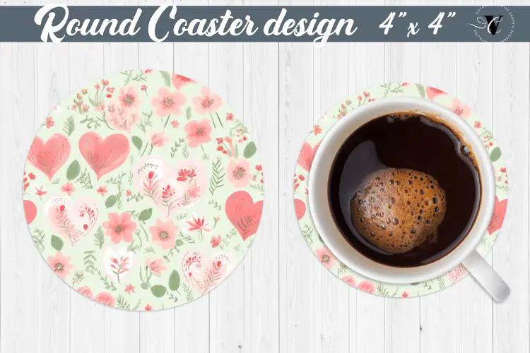 Round Coaster | Plant foliage and hearts | Vintage