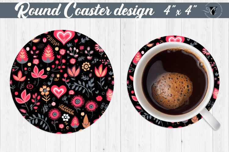 Round Coaster | Hearts and flowers | Folk art example image 1
