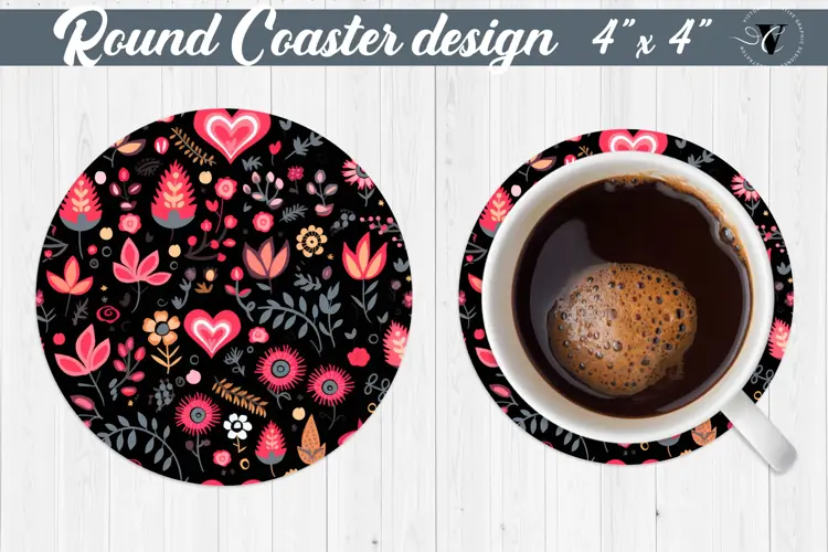 Round Coaster | Hearts and flowers | Folk art