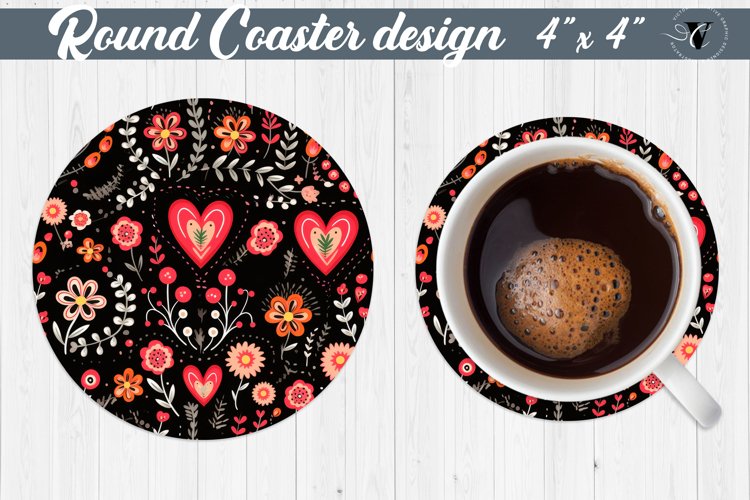 Round Coaster | Hearts and flowers | Folk art example image 1