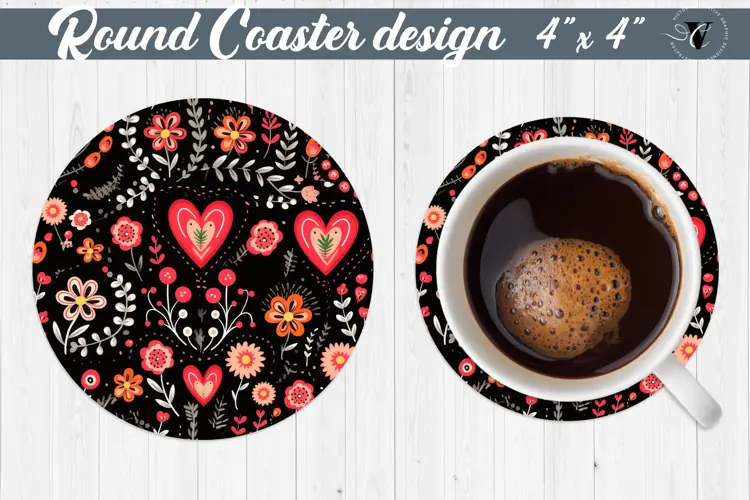 Round Coaster | Hearts and flowers | Folk art