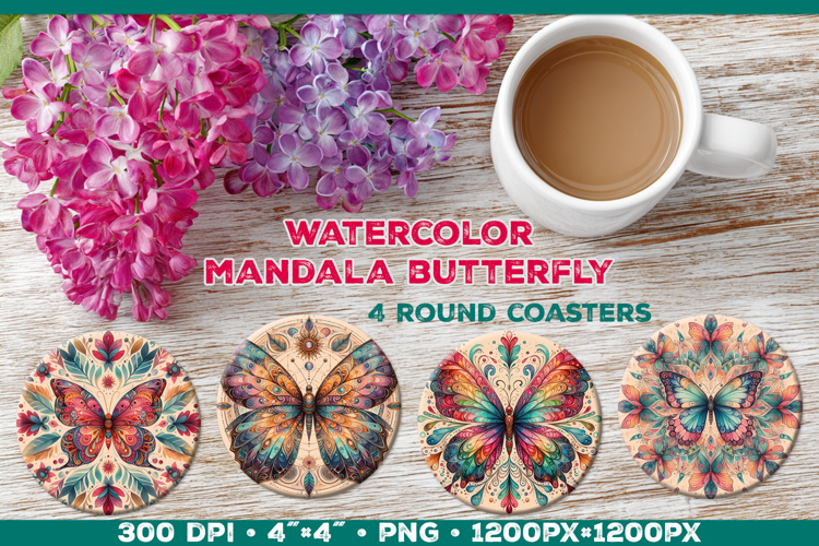 Round Coaster Sublimation Design with Butterfly Mandala