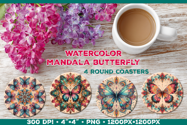 Round Coaster Sublimation Design with Butterfly Mandala