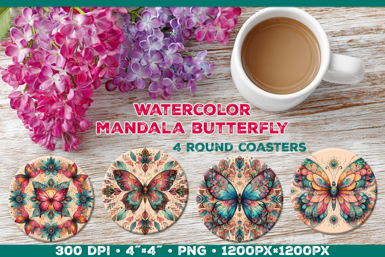 Round Coaster Sublimation Design with Butterfly Mandala