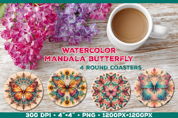 Round Coaster Sublimation Design with Butterfly Mandala