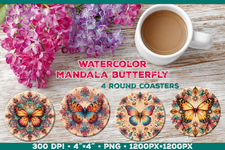 Round Coaster Sublimation Design with Butterfly Mandala