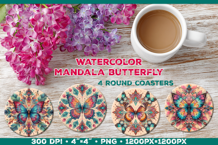 Round Coaster Sublimation Design with Butterfly Mandala