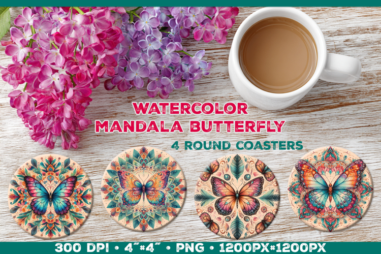 Round Coaster Sublimation Design with Butterfly Mandala
