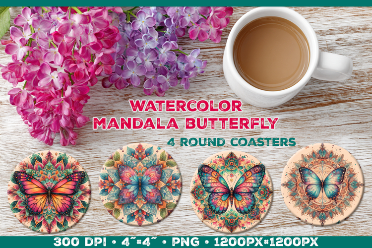 Round Coaster Sublimation Design with Butterfly Mandala