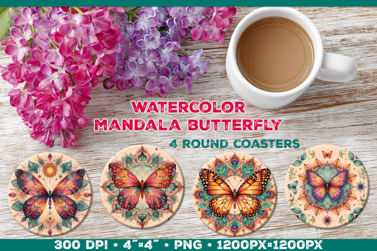 Round Coaster Sublimation Design with Butterfly Mandala