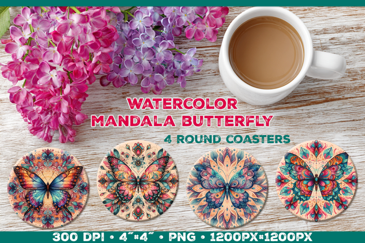 Round Coaster Sublimation Design with Butterfly Mandala