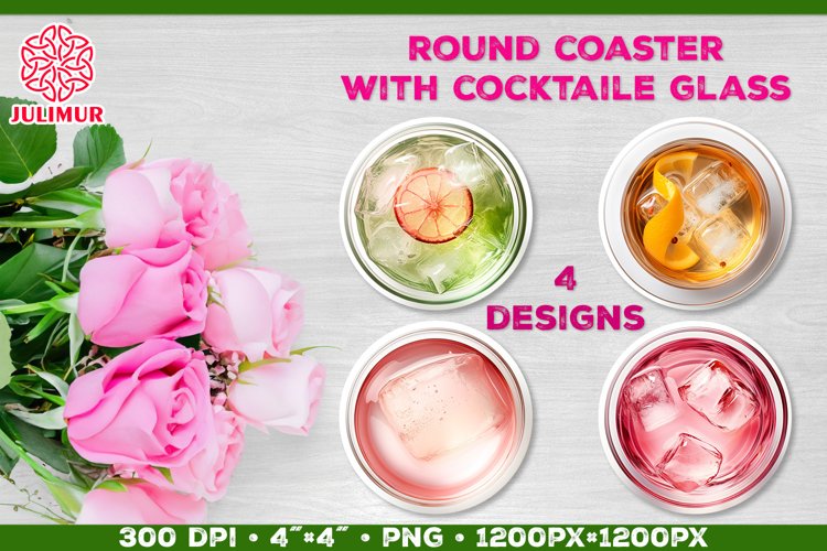 Coaster Sublimation design with Cocktail Glass. Four designs