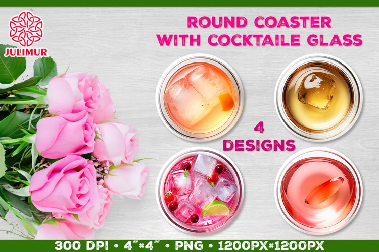Coaster Sublimation design with Cocktail Glass. Four designs