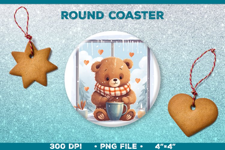 Round Christmas Coaster with Bear. Festive Round Coaster